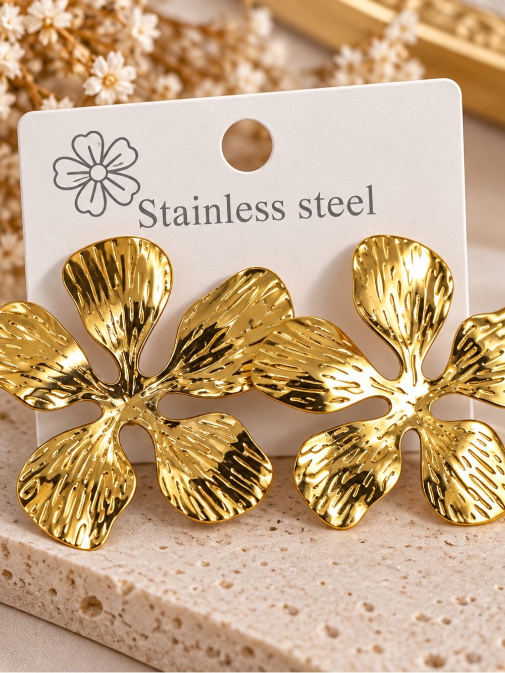 Gold Floral Stainless Steel Statement Earrings - Polished Petal Design